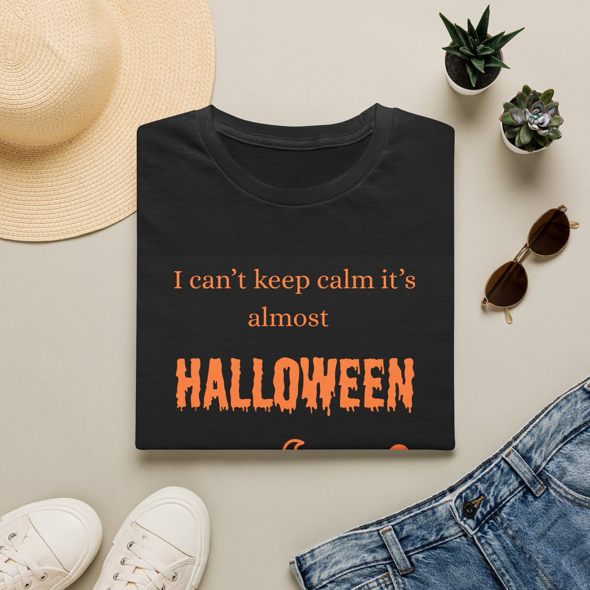 "I Can't Keep Calm It's Almost Halloween" Spooky Pumpkin & Ghost Tee-Black
